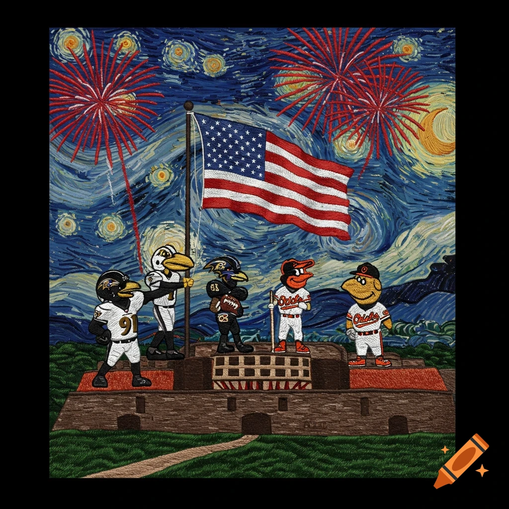 Baltimore Ravens and Orioles mascots raising US flag over Fort McHenry with fireworks, Van Gogh-style embroidery.
