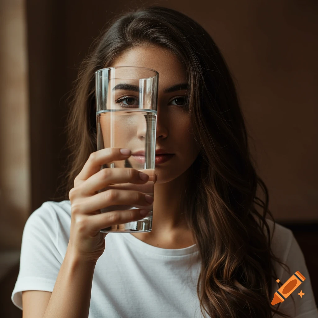 Photorealistic portrait of a woman holding a glass of water in front of her face