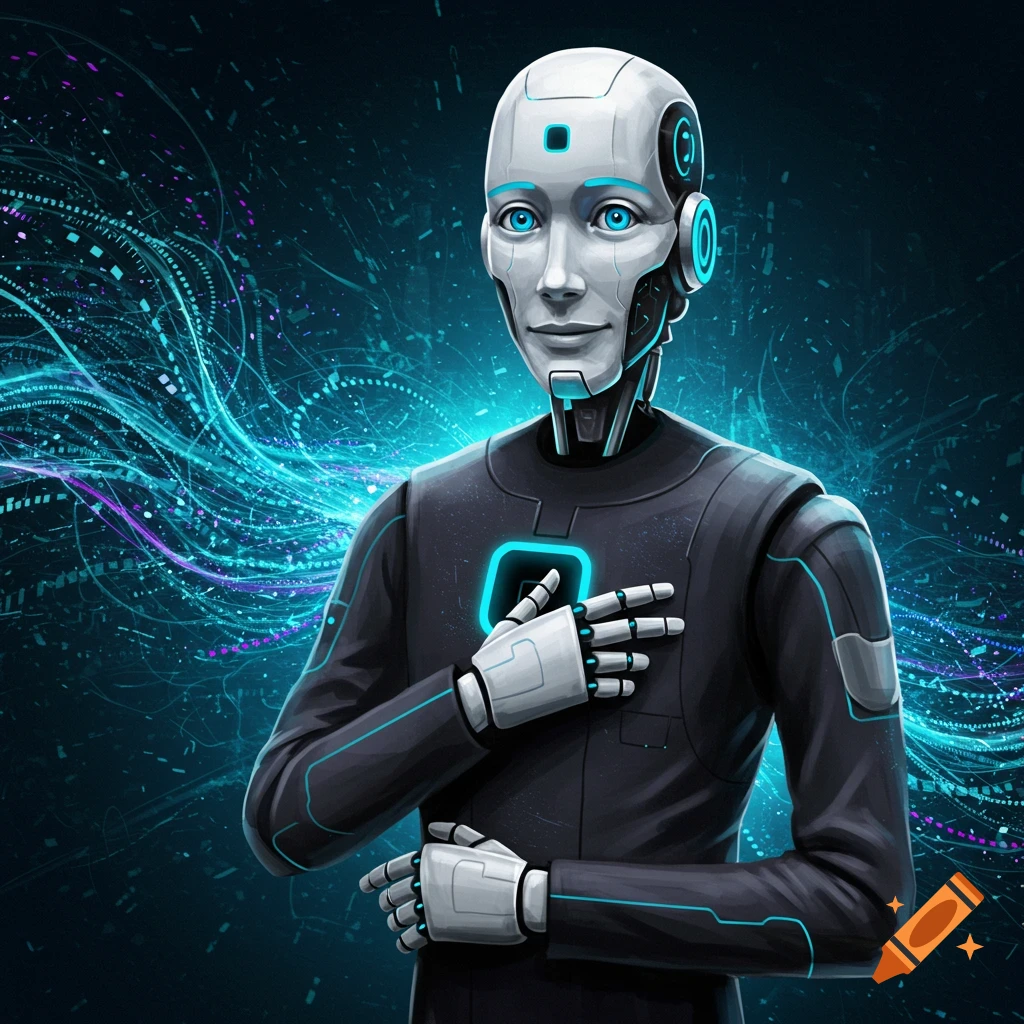 A humanoid robot with glowing blue circuits