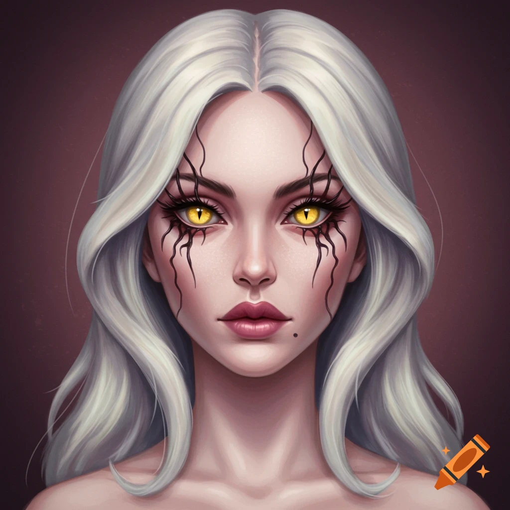 A woman with long white hair, yellow eyes with black slit pupils, and black tendril-like makeup around her eyes.