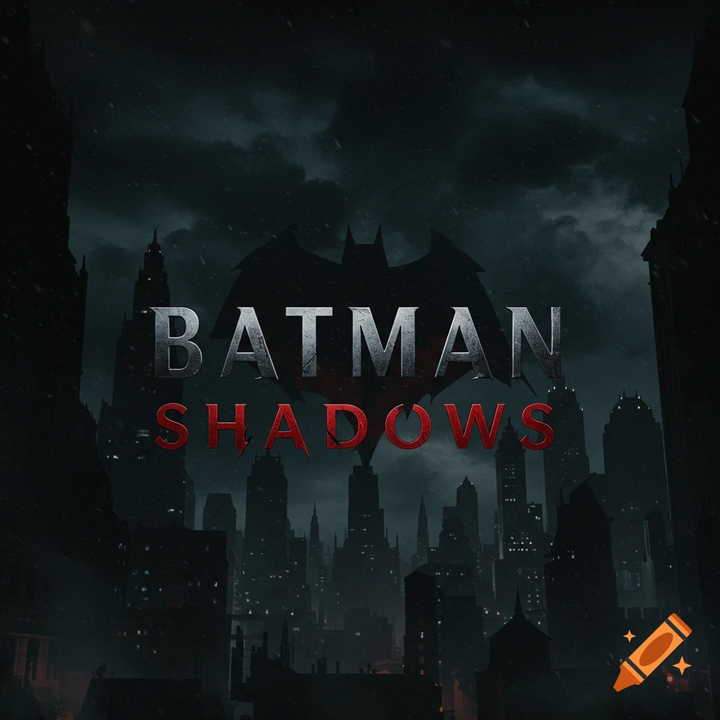 Movie title card for Batman: Shadows with logo over a dark cityscape