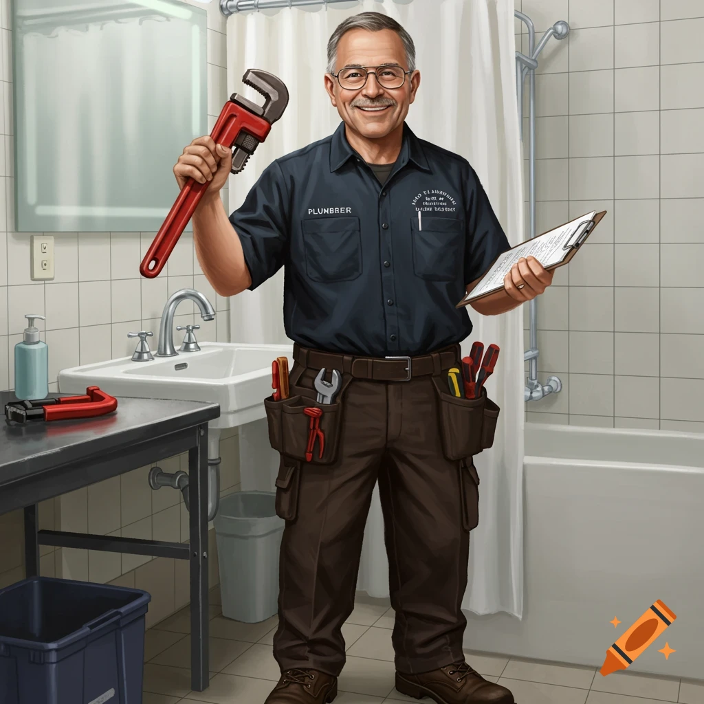 A smiling plumber holds a large red wrench and clipboard in a bathroom.