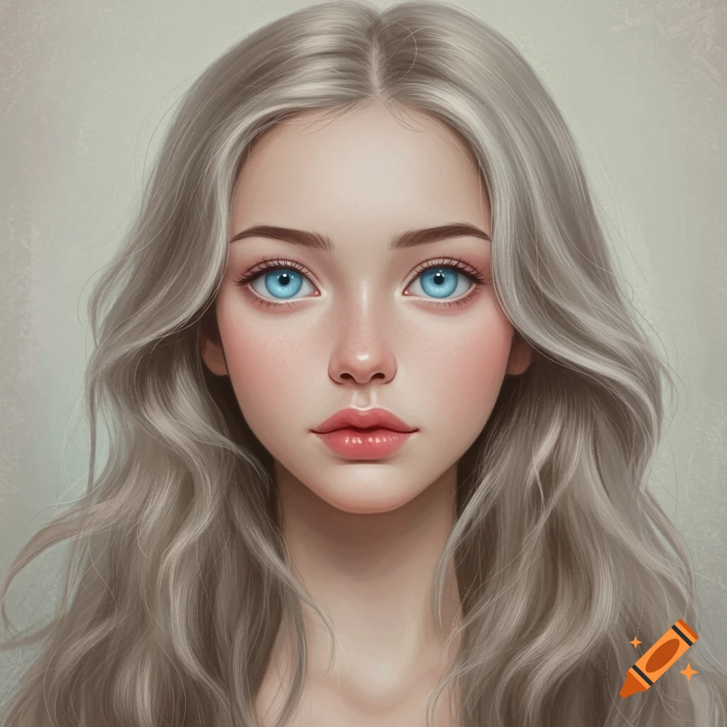 A portrait of a woman with long grey hair and blue eyes.