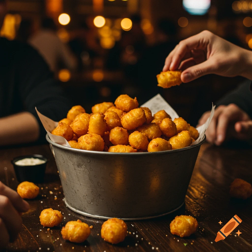 A bucket of fried cheese curds on a wooden table, with people reaching for them in a dimly lit bar.