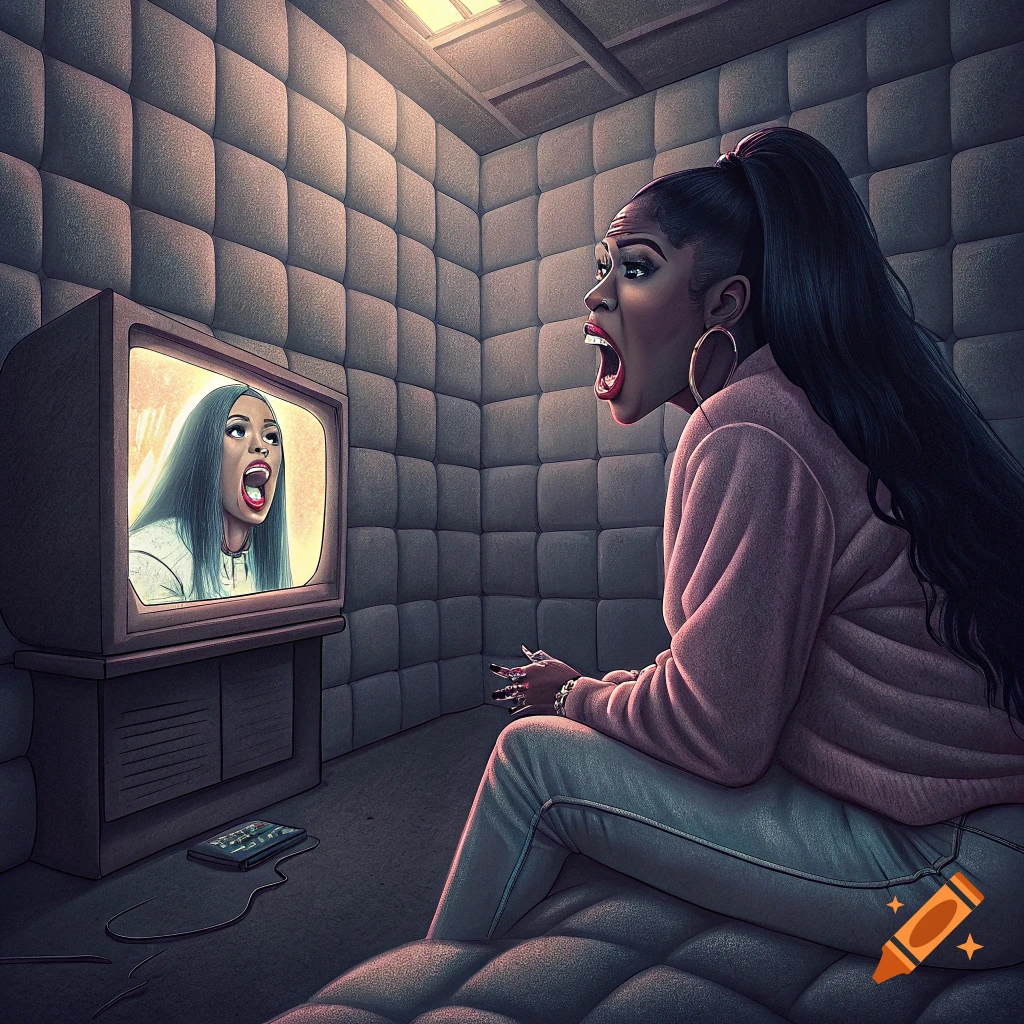 A woman in a padded room sits on the floor looking with wide eyes at a TV showing another woman with an open mouth. Detailed illustration.