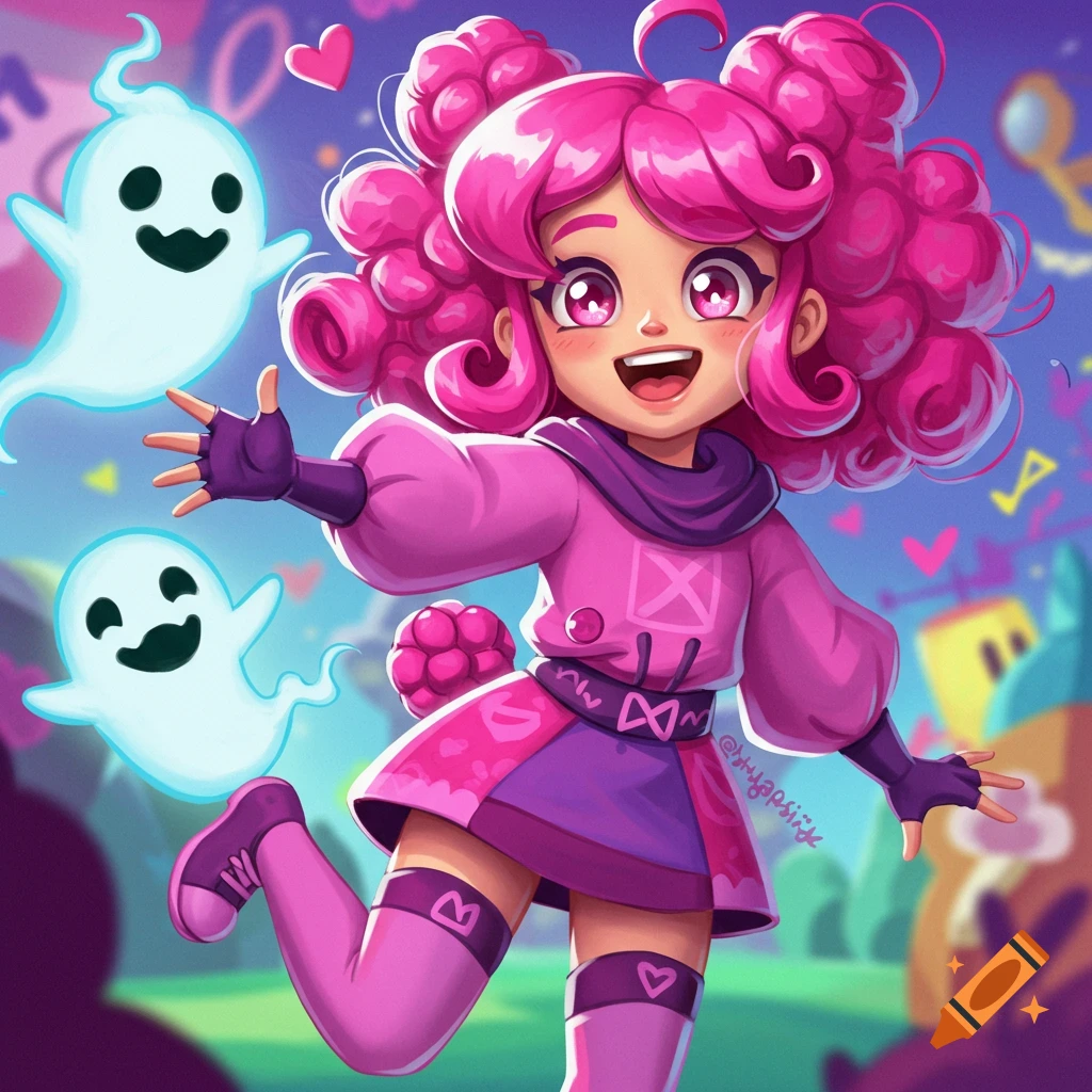 Cartoon girl with pink hair running and smiling with two happy ghosts in a colorful background.