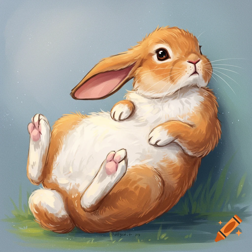 A cute tan and white rabbit lying on its back