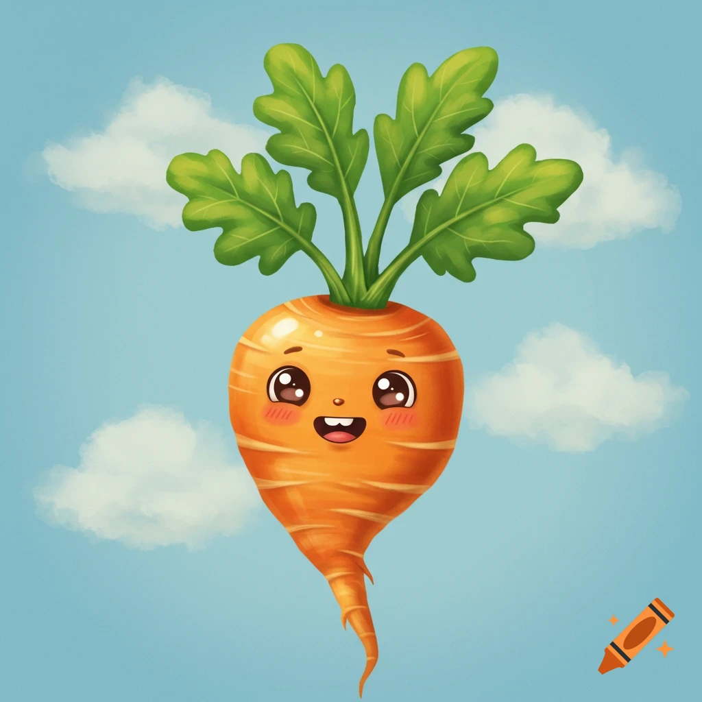 A cute cartoon carrot with a face floats in a blue sky with clouds.