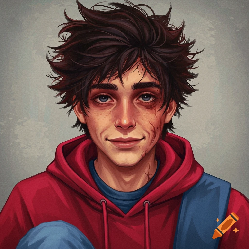 A portrait of a young man with messy dark hair, blue eyes, and scars on his face, wearing a red hoodie.