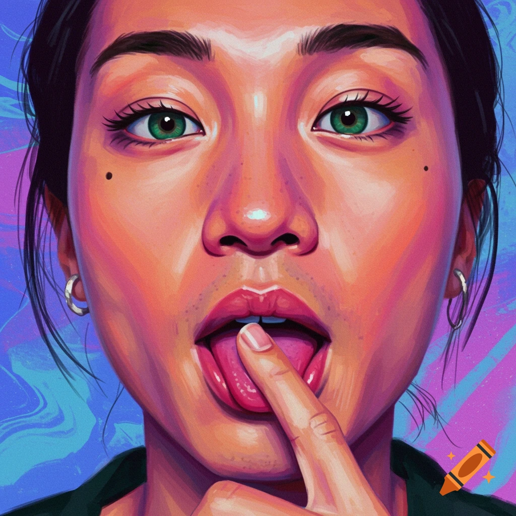 Close-up of a person with striking green eyes, their tongue gently touching their lips, set against a vibrant, swirling background of blues and purples.