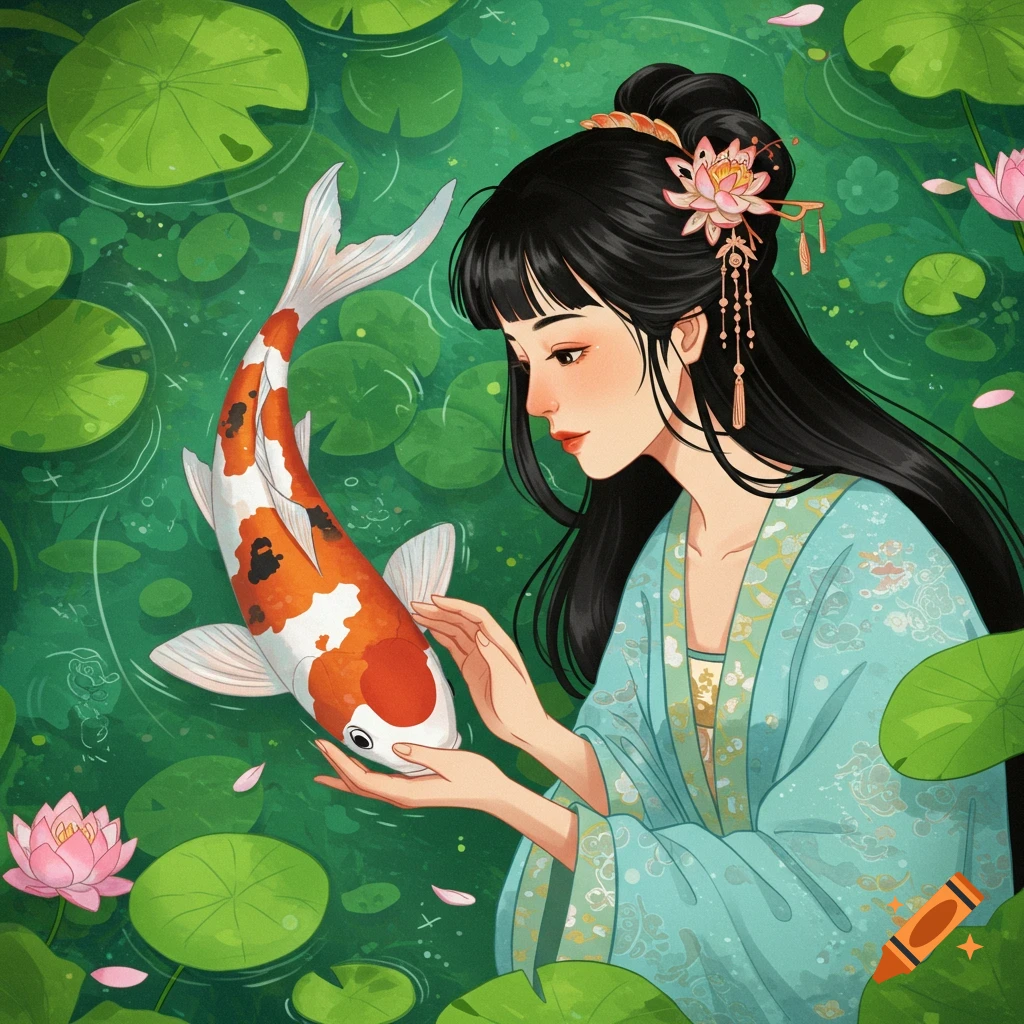 Illustration of a woman reaching for a large koi fish in a pond with lily pads.