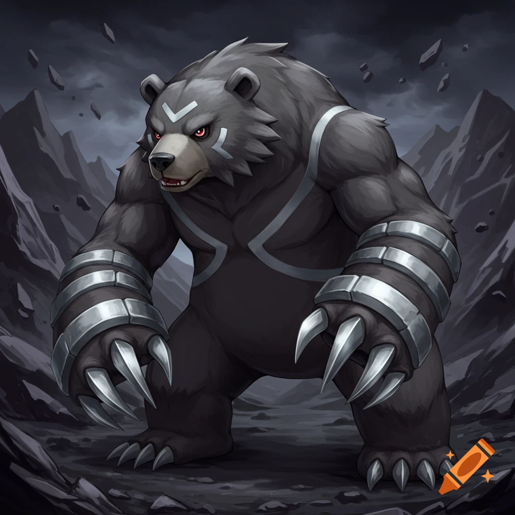 A muscular dark bear creature with metal armbands and claws in a rocky landscape