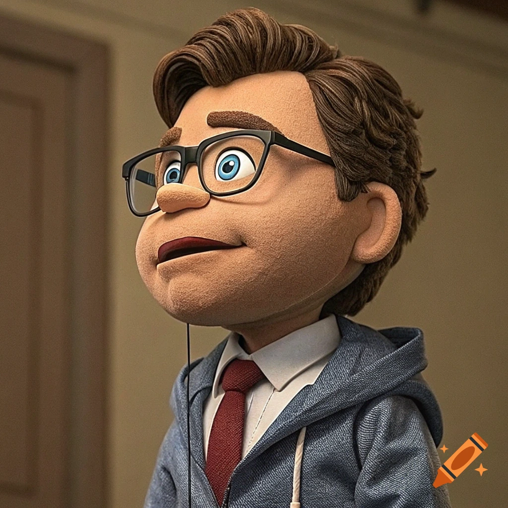 Close-up portrait of a male puppet wearing glasses, a tie, and a hoodie.