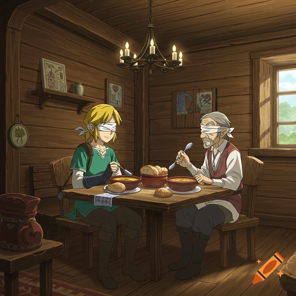 Blindfolded Link and an old man eat soup at a wooden table in a cozy anime cottage.