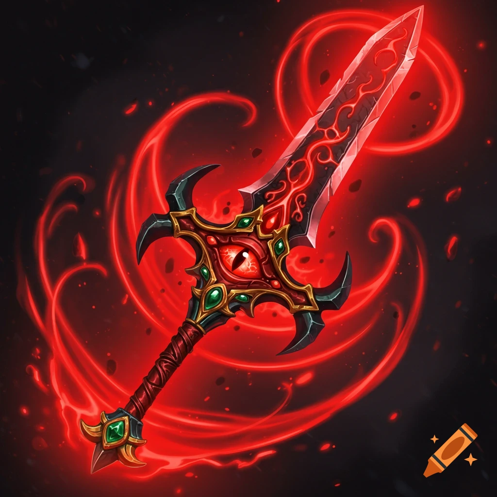 A fantasy claymore sword with a demonic eye on the hilt, glowing with a red aura against a dark background.