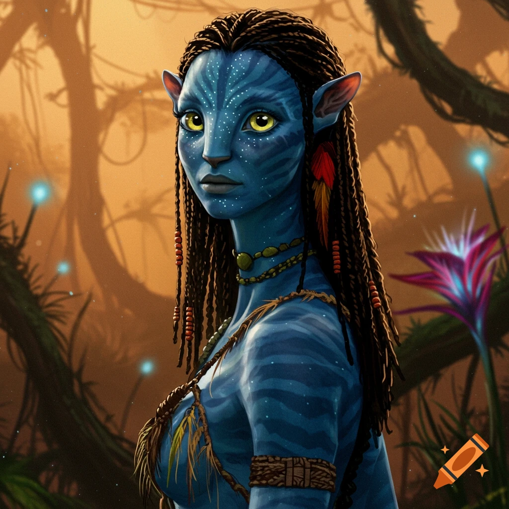 A blue-skinned Na'vi woman with braids and yellow eyes is shown in a jungle.