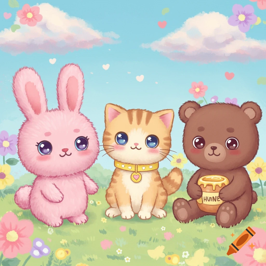Cute cartoon bunny, cat, and bear sit in a field of flowers.