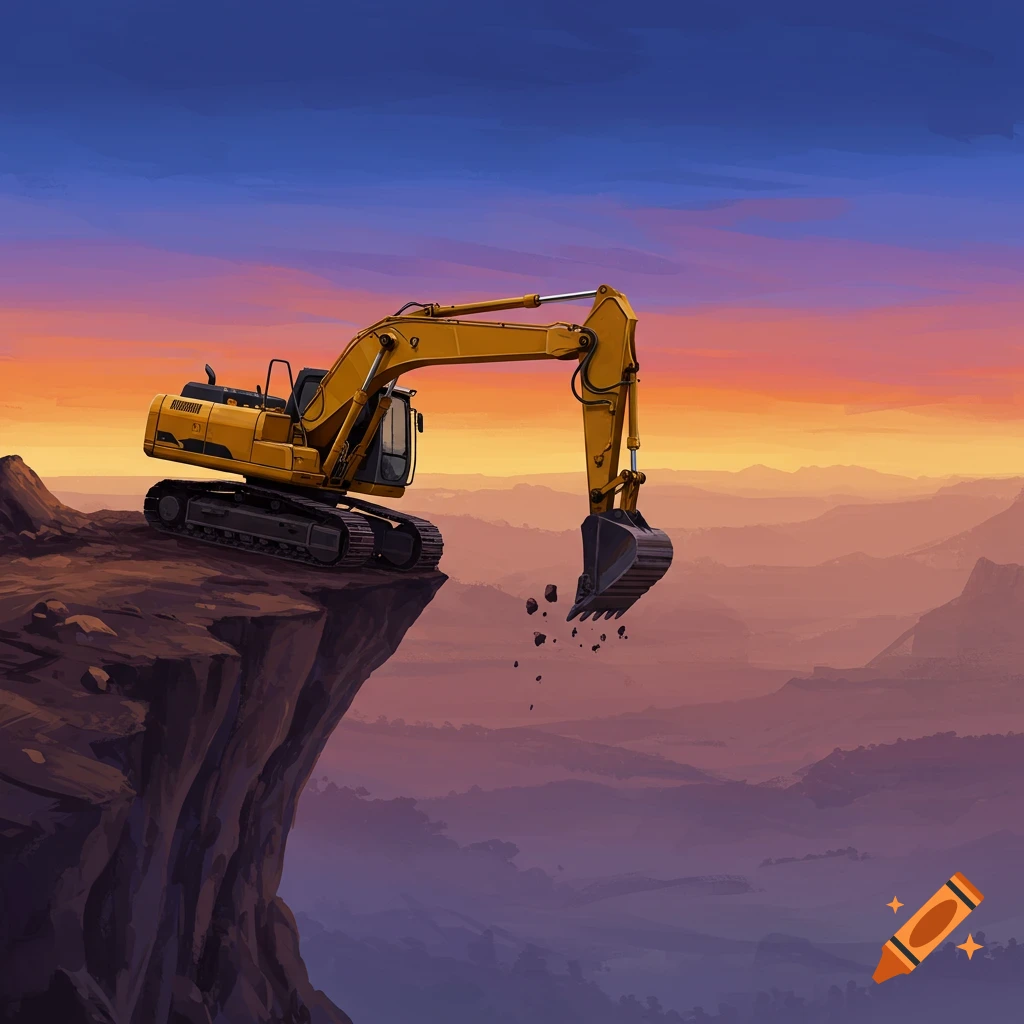 A yellow excavator on a cliff edge overlooking mountains at sunset.