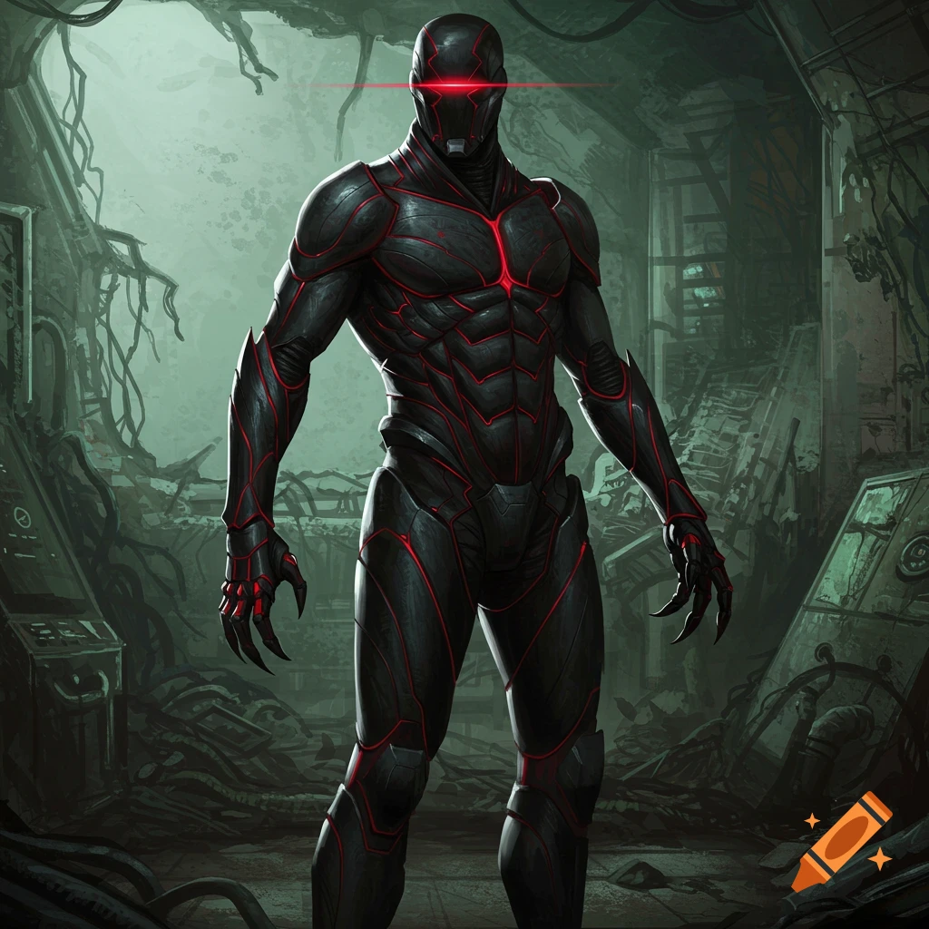 Comic book style full body portrait of a black armored figure with red lines and visor in a destroyed tech lab.