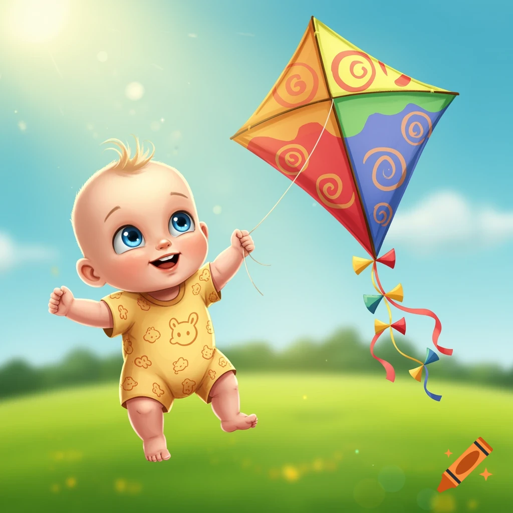 A cartoon baby smiles while flying a colorful kite over a green field under a sunny blue sky.