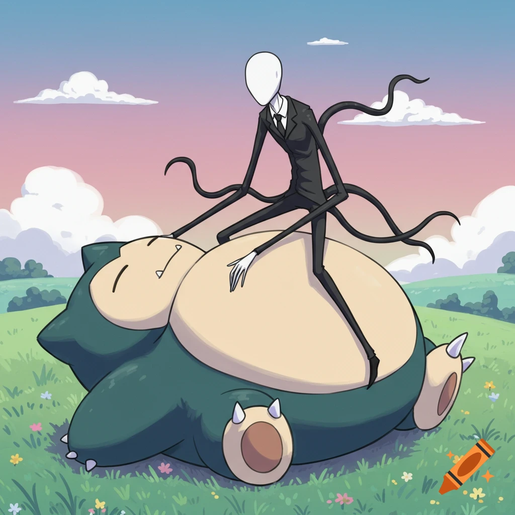 Illustration of Slenderman sitting on a sleeping Snorlax in a field