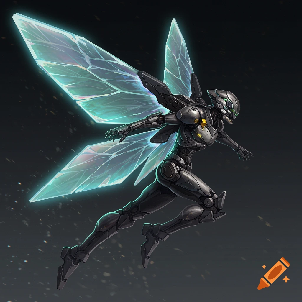 A humanoid sci-fi mech with glowing glass wings flying in space.