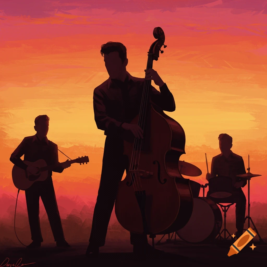 Silhouette of a rockabilly band with upright bass, guitar, and drums against a sunset.