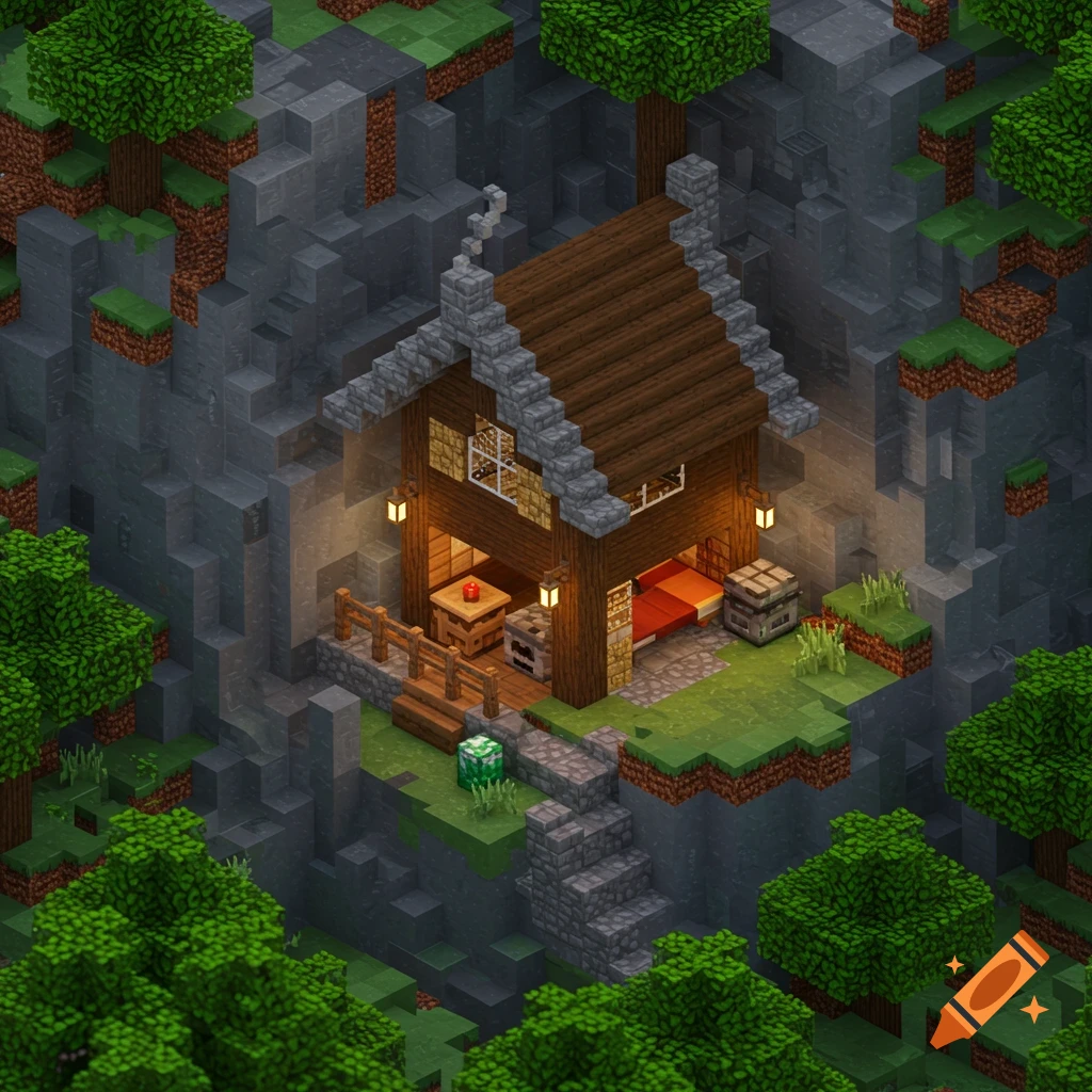 A voxel art style rendering of a small wooden house built into a mountain cliff face, surrounded by blocky trees.