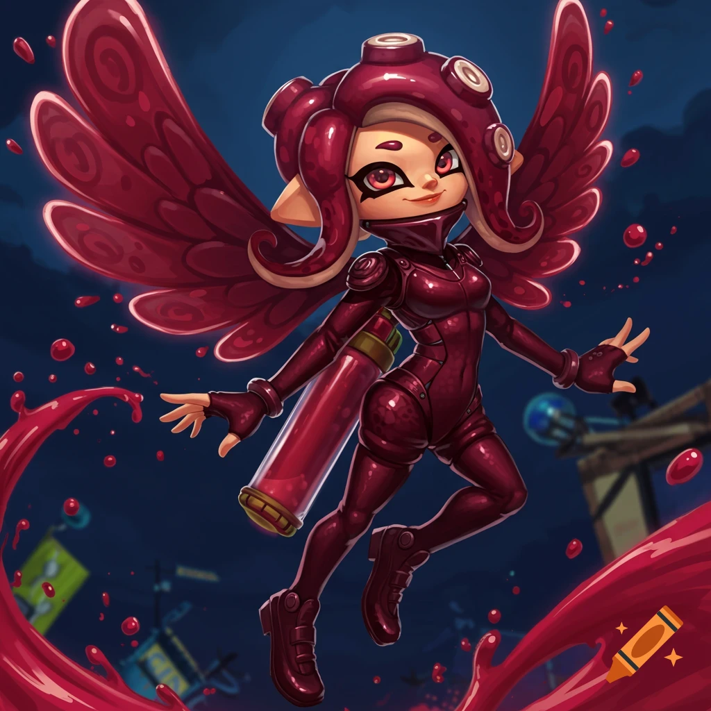 Octoling girl in a burgundy suit with ink wings flying through red ink.