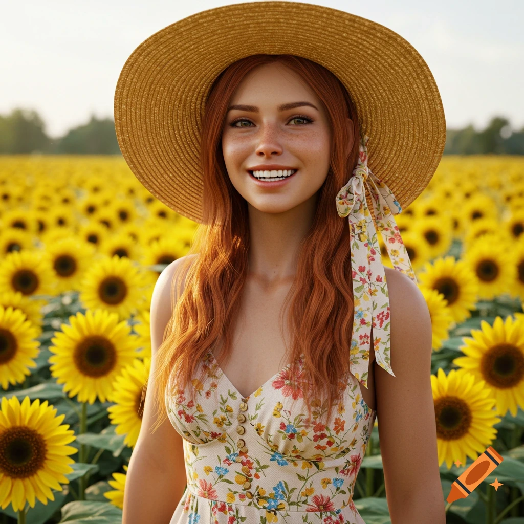 A young woman with red hair and a straw hat smiles in a field of sunflowers, photorealistic.