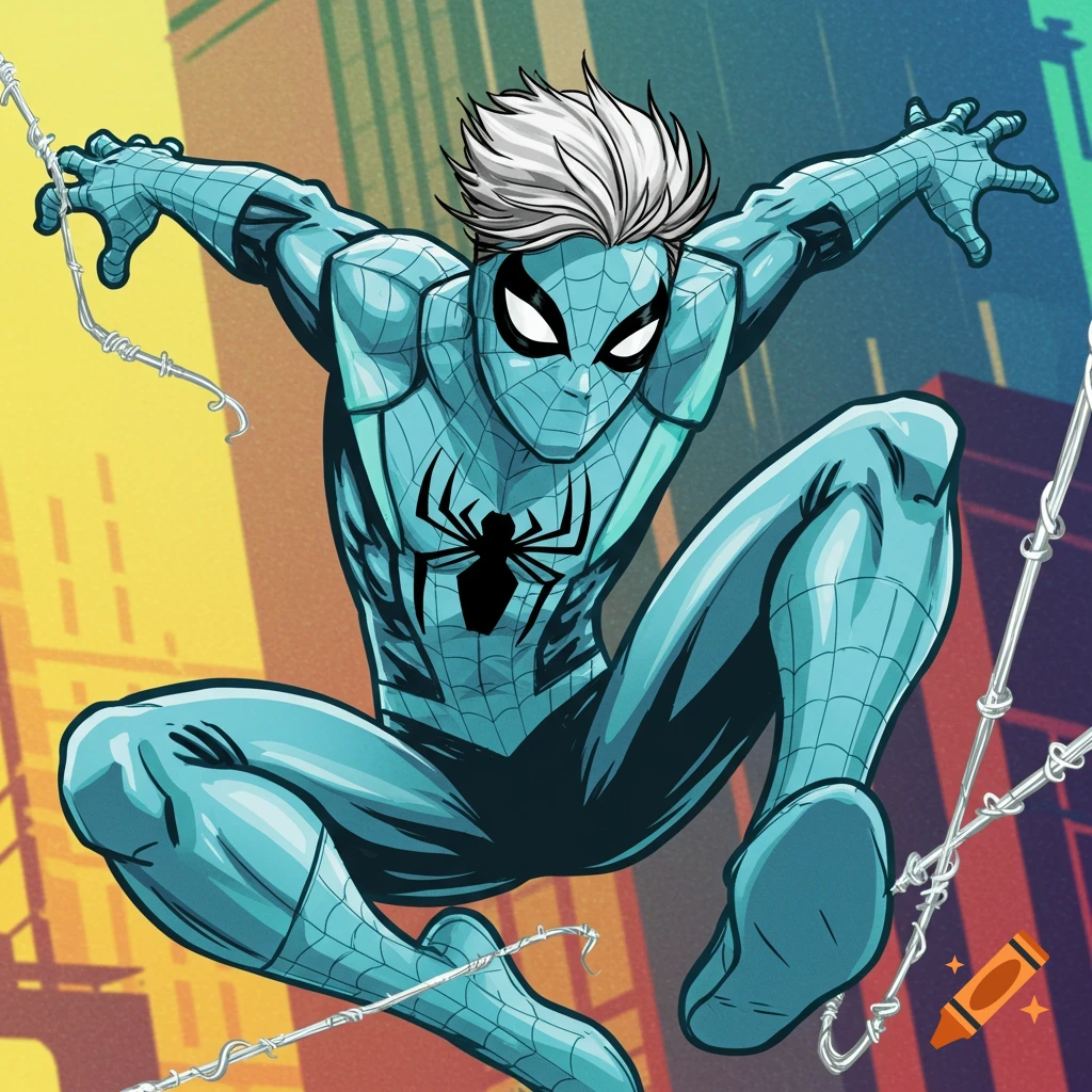 Superhero in a pale blue suit and white hair swinging on webs in a city.