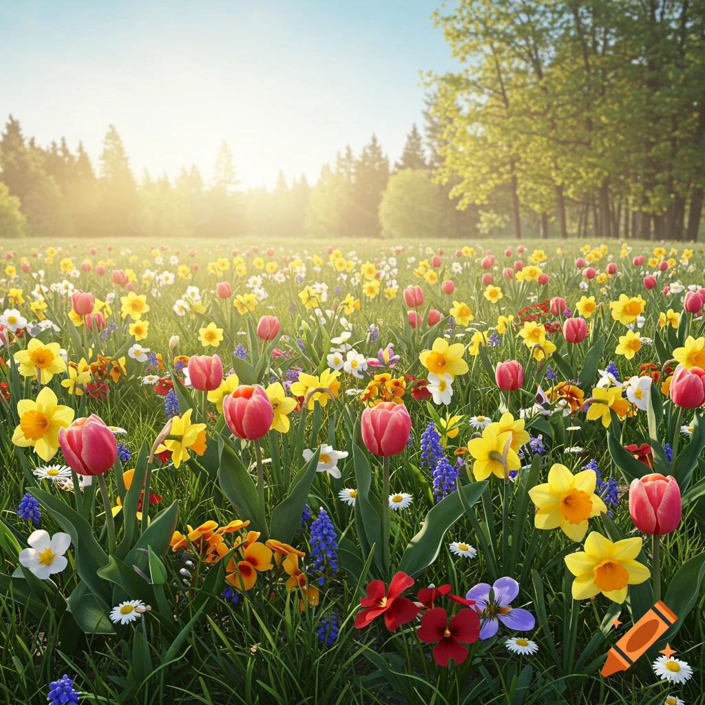 A vibrant field of diverse spring flowers under bright sunlight.