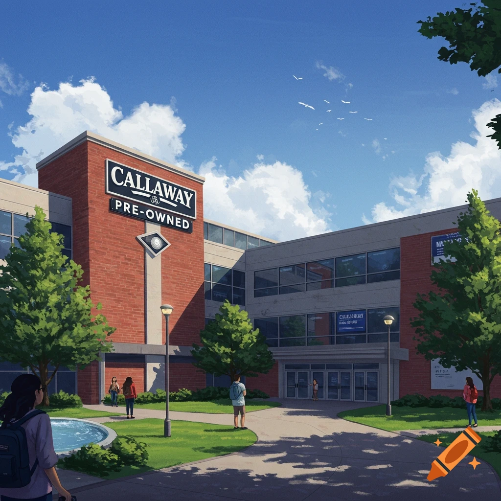 A modern building with Callaway Pre-Owned signage, trees, and people walking on a sunny day.