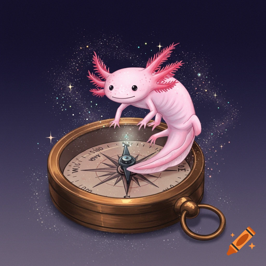 Pink axolotl on a brass compass against a dark, starry background.