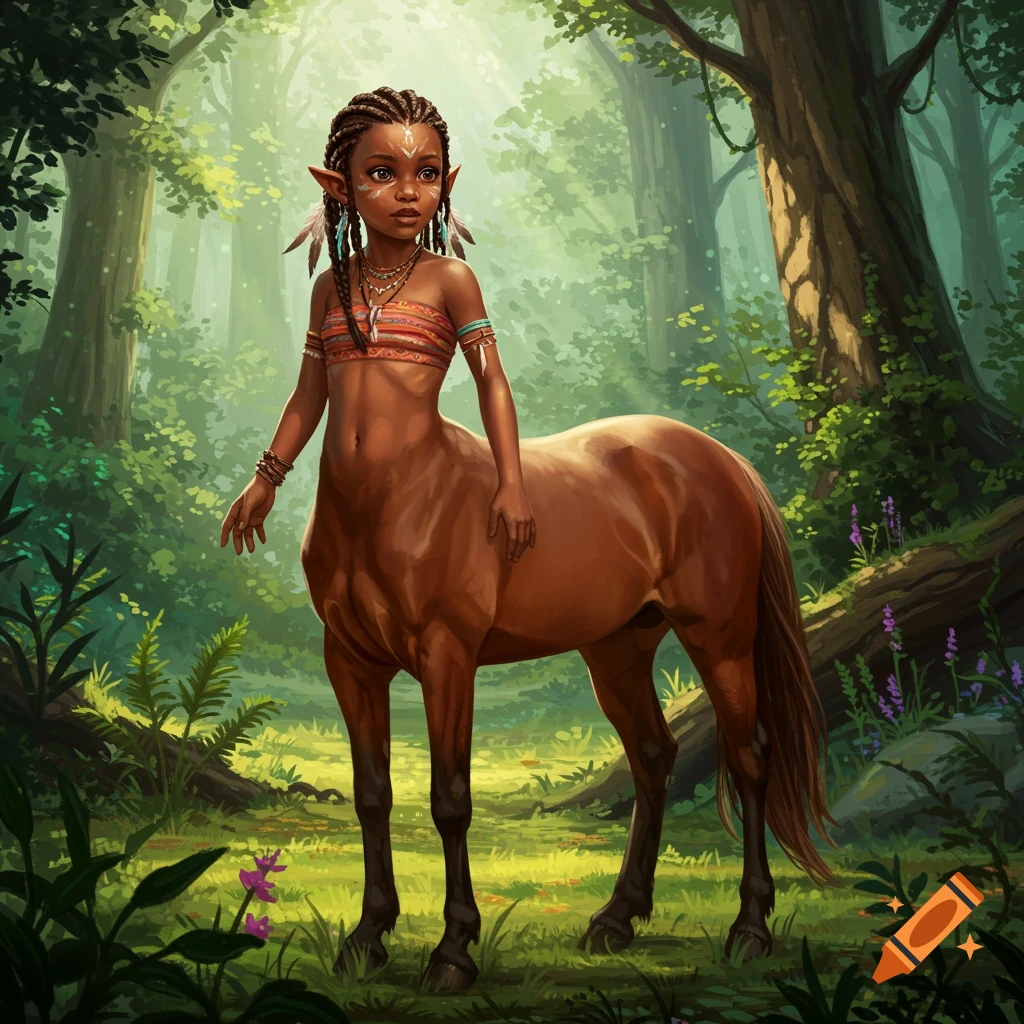A young centaur child with braided hair in a fantasy forest.