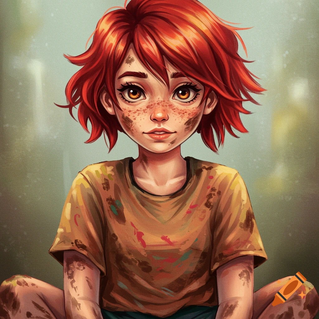 A young girl with red hair and freckles is dirty from playing.