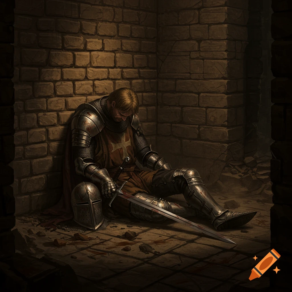 A defeated knight sits slumped against a brick wall with a bloody sword.
