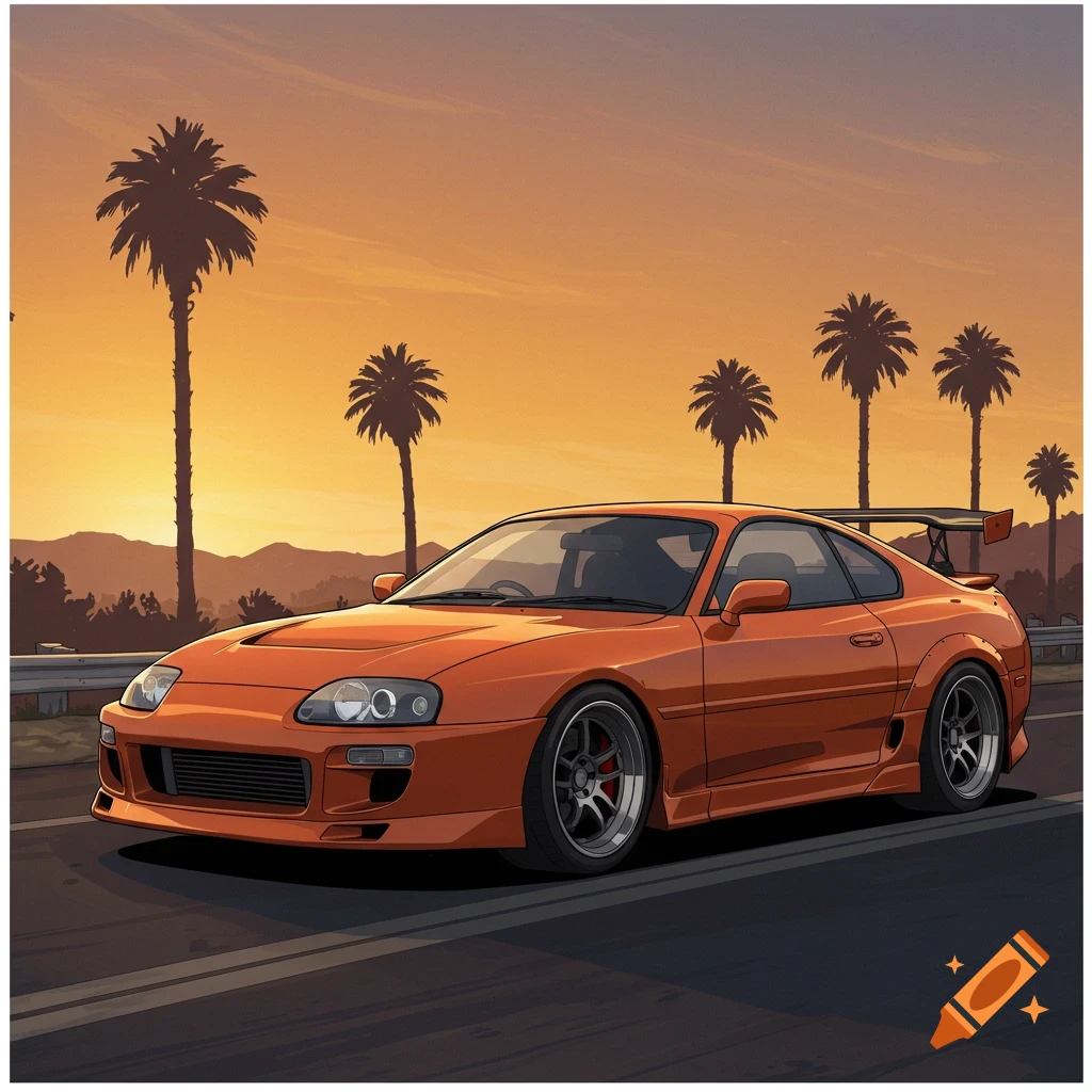 An orange Toyota Supra driving on a highway at sunset with palm trees.