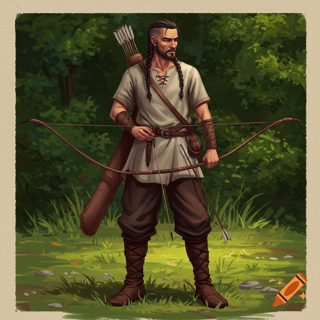 A male archer standing in a forest.