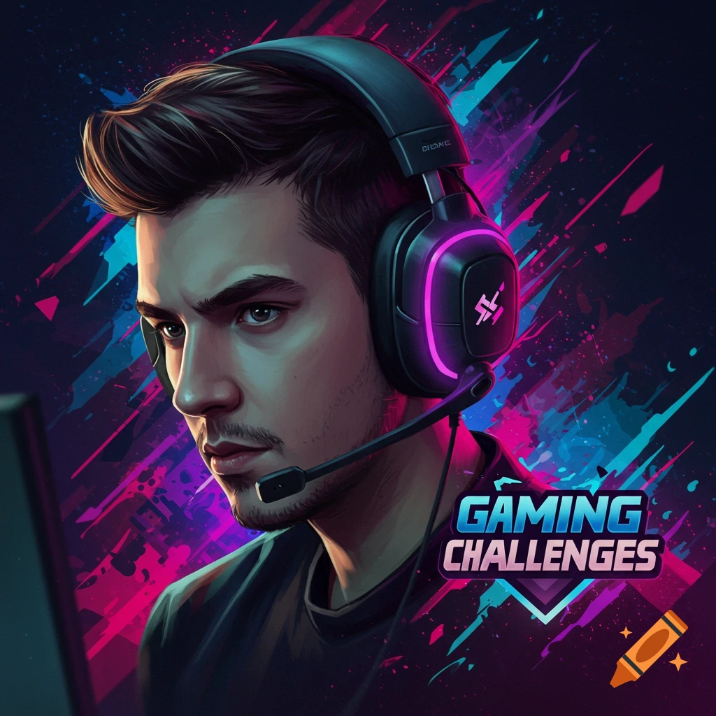 A focused man wearing gaming headphones with a microphone, set against a vibrant, abstract background with 'GAMING CHALLENGES' text overlay.