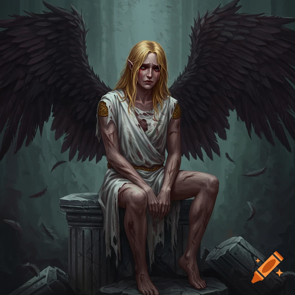 A fallen angel sitting sadly on stone ruins