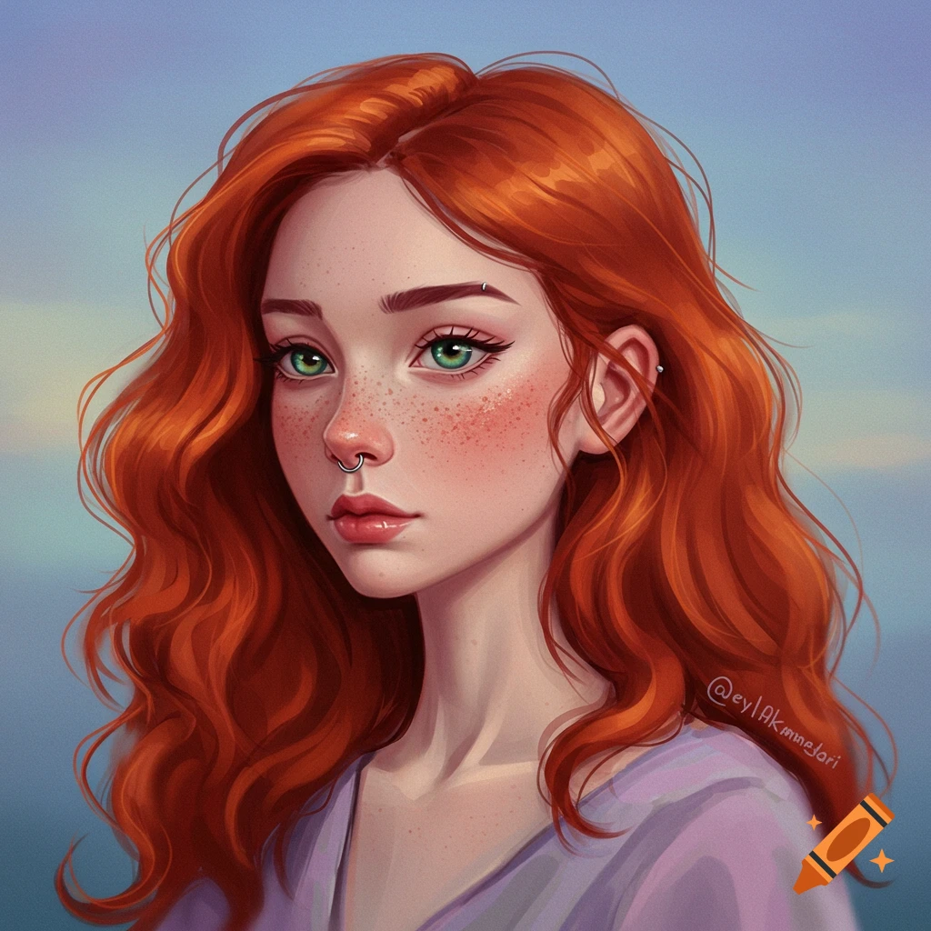 A girl with red hair, freckles, green eyes, and piercings.