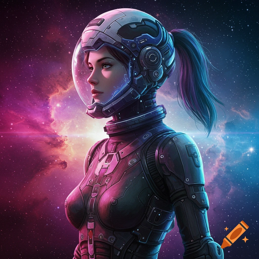 Woman in futuristic spacesuit in space