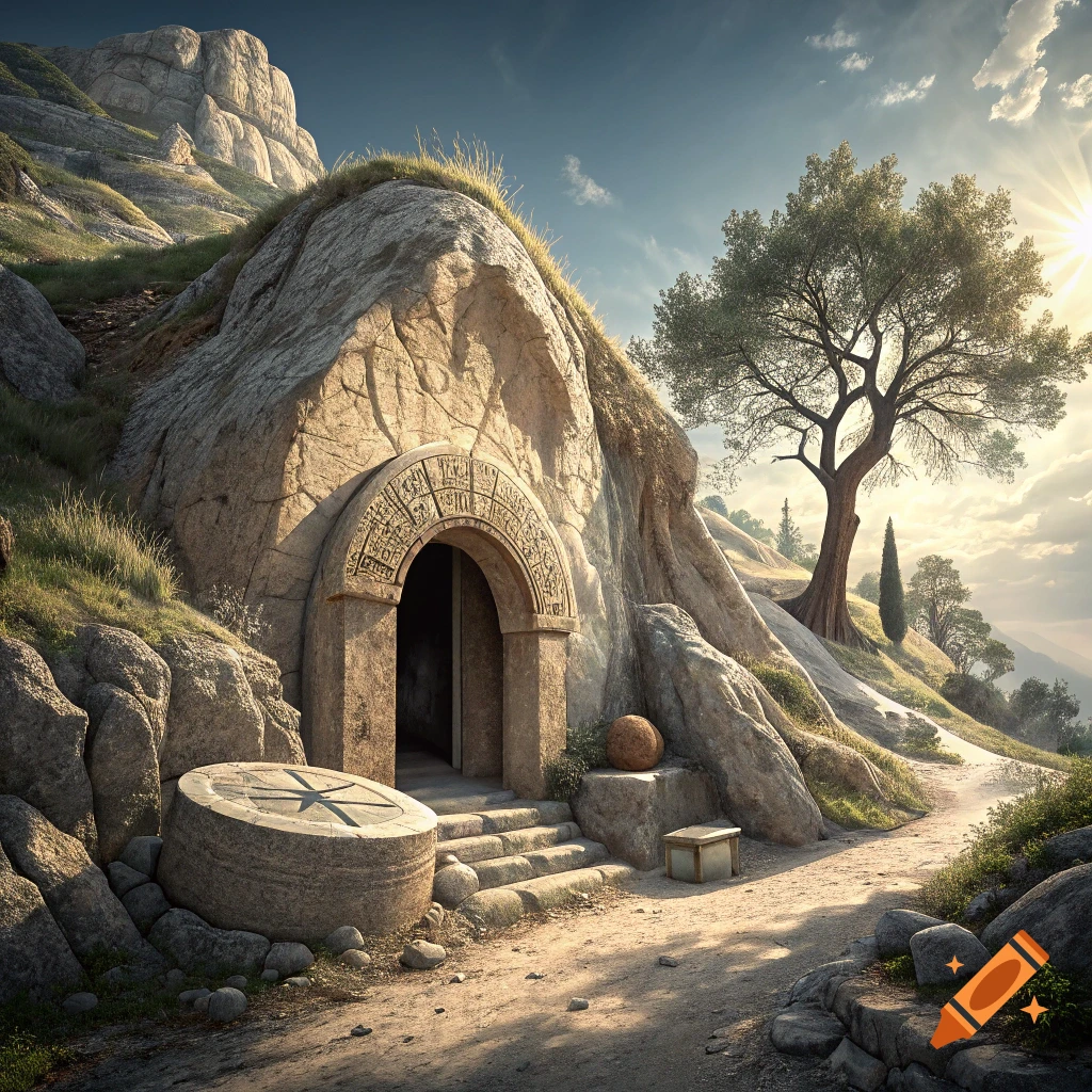 Hyper realistic image of an empty tomb carved into a rocky hillside with a stone rolled away and steps leading to an arched entrance.