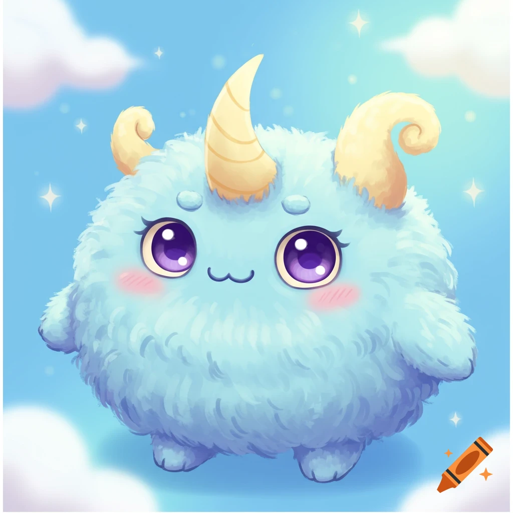 Cute fluffy blue monster with horns and purple eyes floats among clouds.