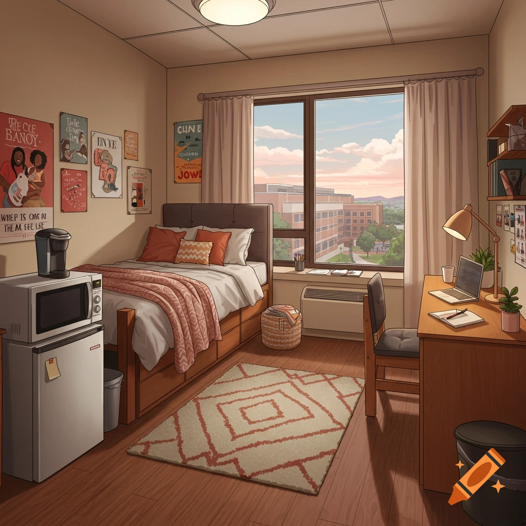 A college dorm room with a bed, desk, window view, posters, microwave, and mini-fridge.