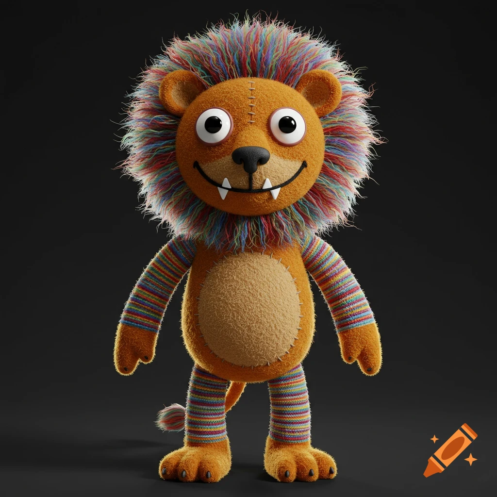 Stylized lion plushie with colorful yarn mane and striped limbs.