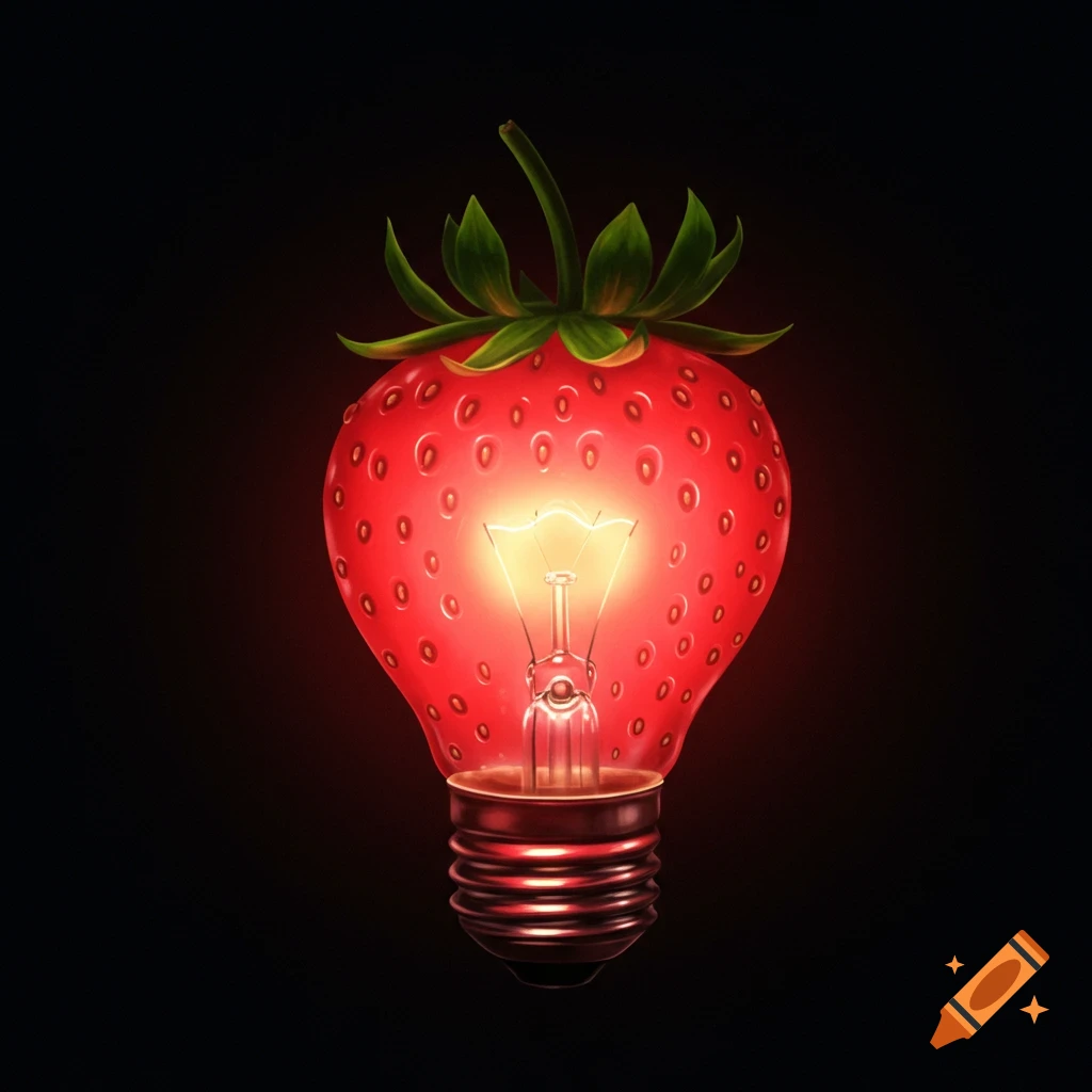 A lightbulb formed from a strawberry