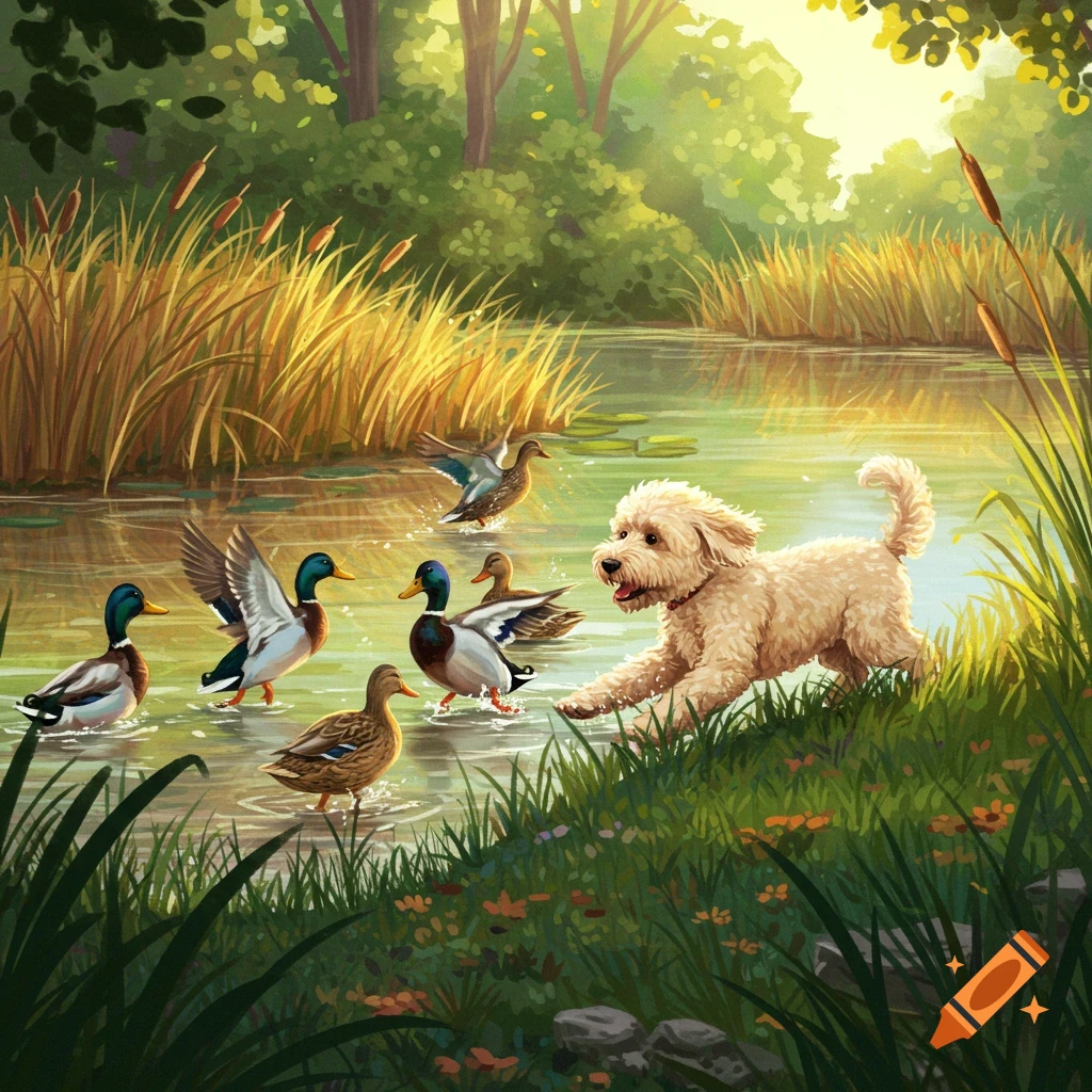 Labradoodle running towards ducks in a pond with reeds.