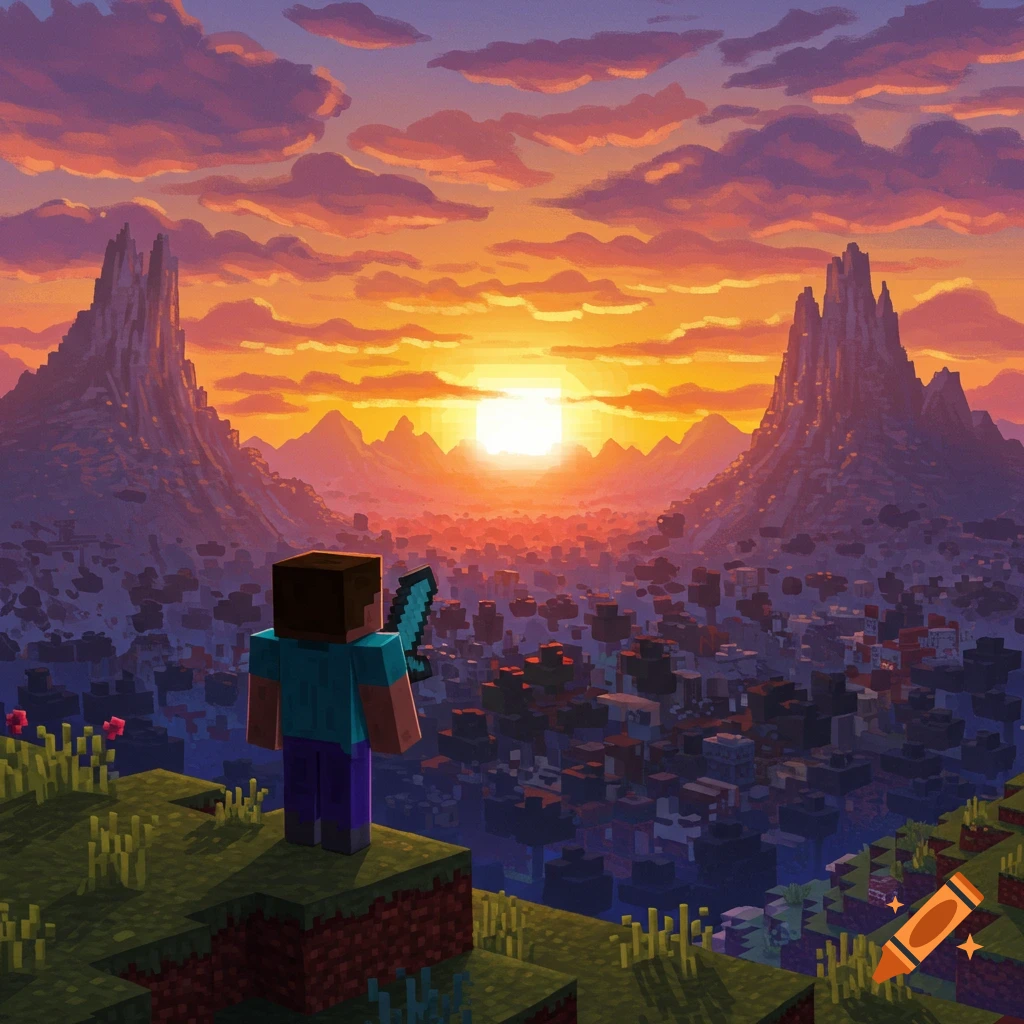 Minecraft character looking at a cinematic sunset over a blocky landscape and city.